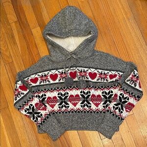 YES LOLA Cozy Sweater w Nordic Heart Pattern Sherpa-lined Hood Warm Ski Cottage